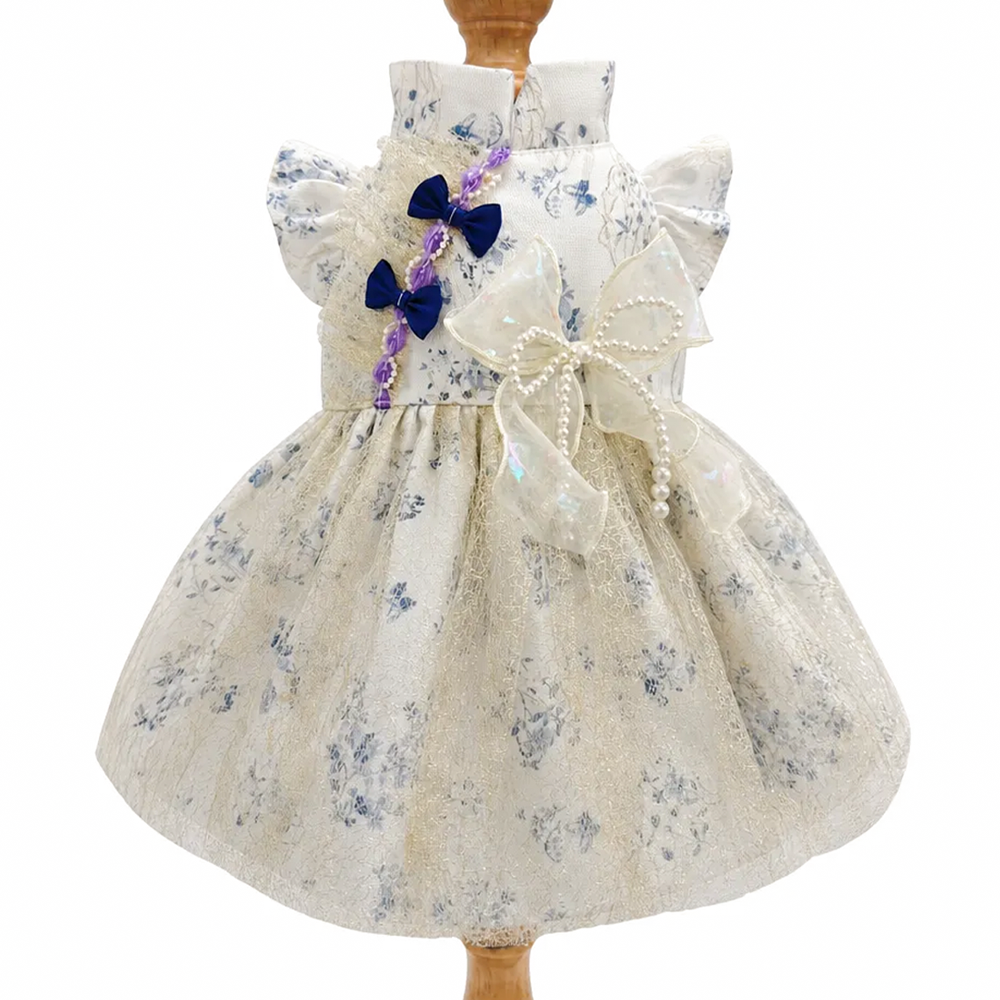 [Pangxigua]Vintage ink floral cheongsam pet princess dress, dark blue bow beaded chain outfit for small dog/cat photoshoots