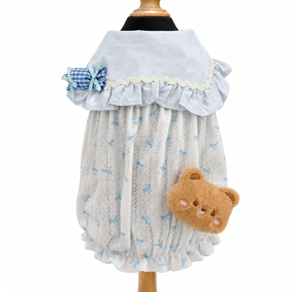 [PangXigua]Light Blue Ruffle Collar Pet Bubble Dress, Blue Bow Print Breathable Mesh Fabric Plaid Bow Plush Bear  Puppy Summer Outfit