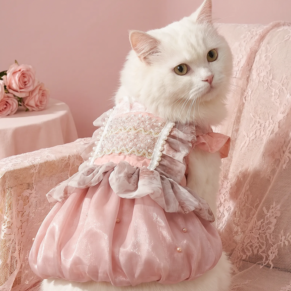 [Pangxigua]Romantic Blush Pearl Embellished Pet Formal Outfit, Ruffle Sleeveless Floral Overlay Dog Birthday Party Dress