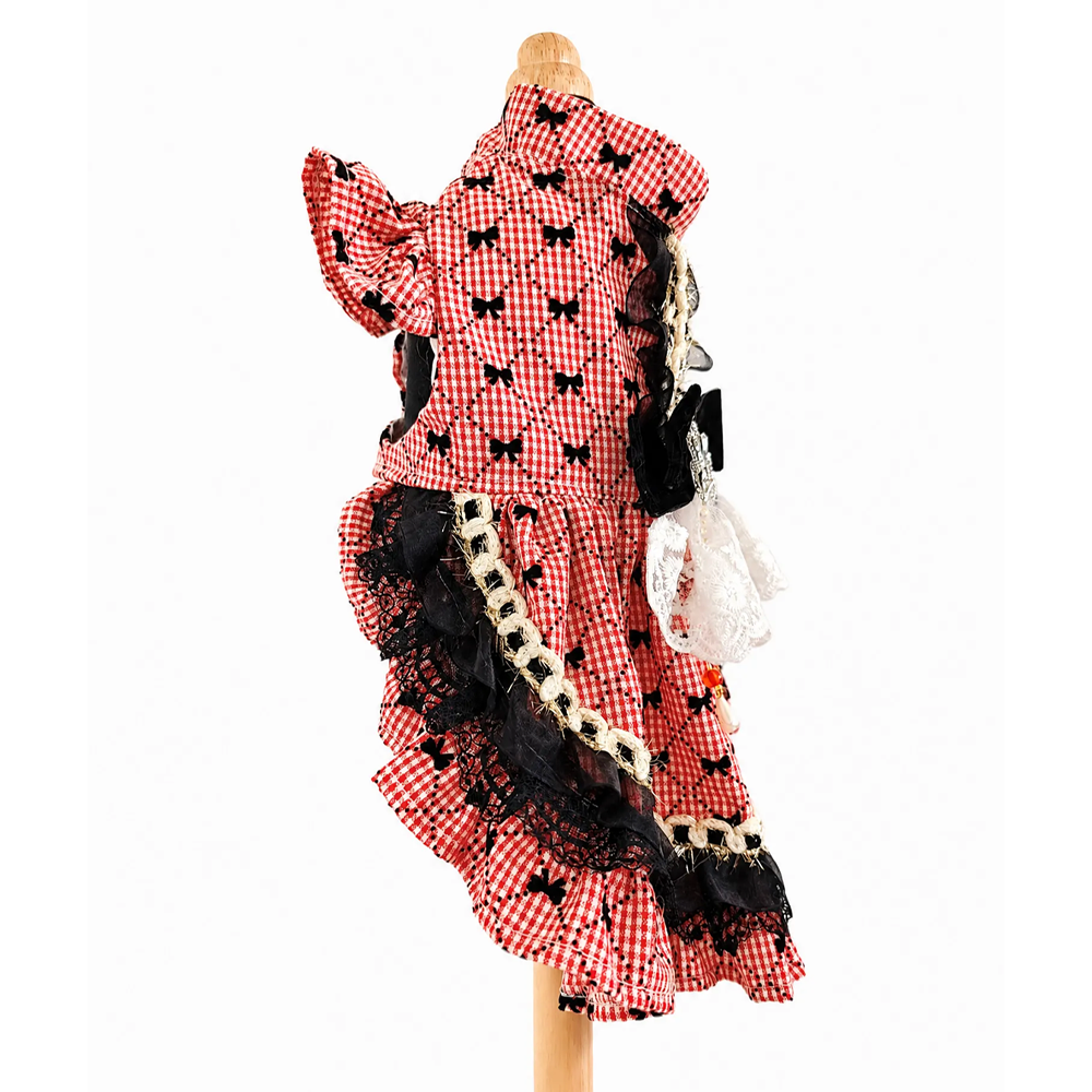 [Pangxigua] Red GinghamMini Bow Print Pet Lolita Dress, Rhinestone Crown Black Velvet Bow Gold Fringe Lace Skirt Puppy Party Gown