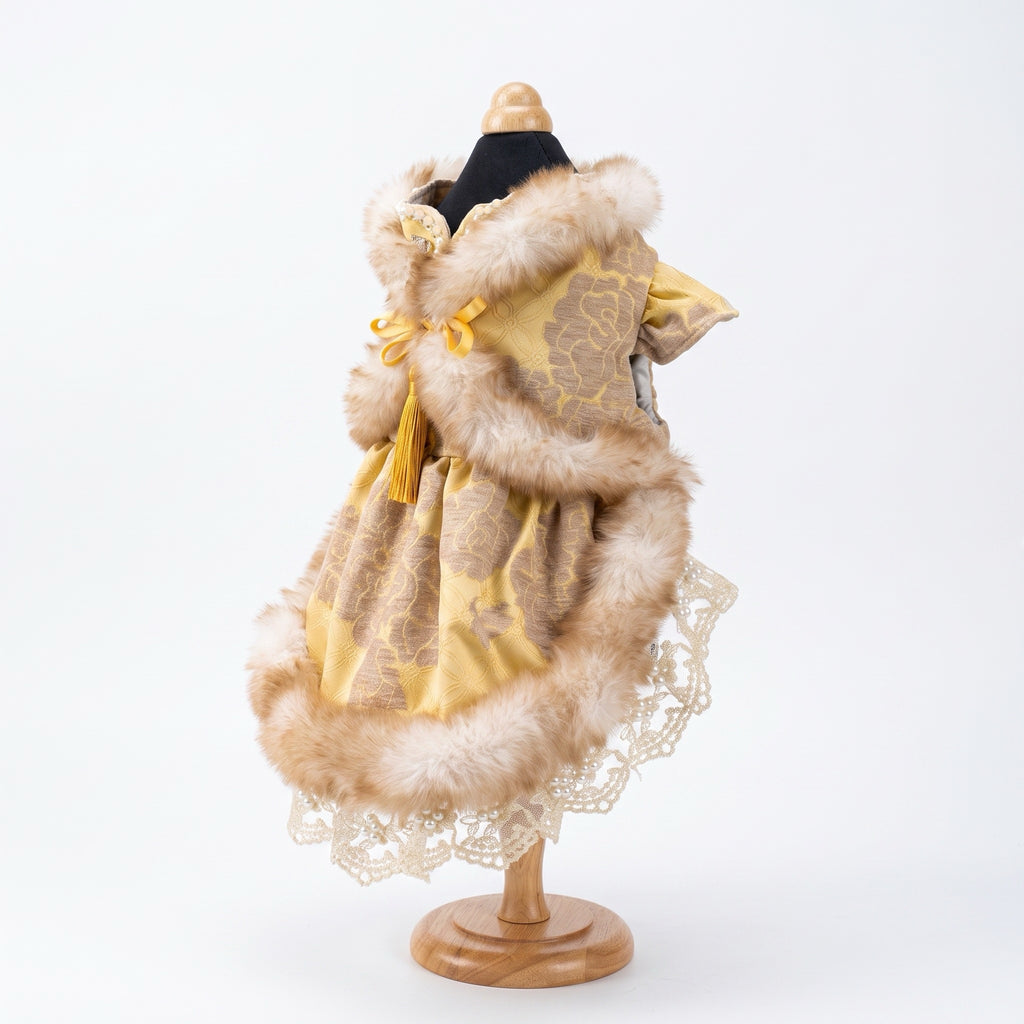 [Pangxigua]Golden Peony Jacquard Chinese Style Pet Dress, Faux Fur Trim Padded Winter Festival Costume for Small Dogs & Cats