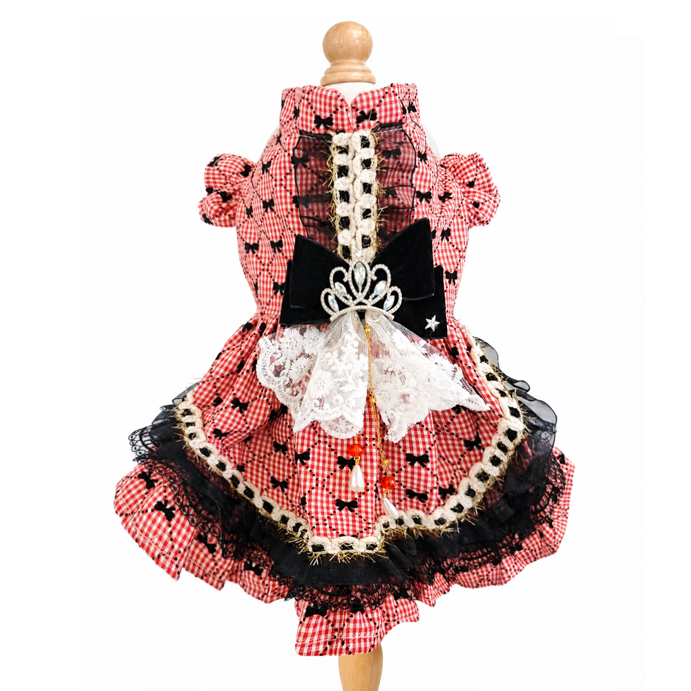 [Pangxigua] Red GinghamMini Bow Print Pet Lolita Dress, Rhinestone Crown Black Velvet Bow Gold Fringe Lace Skirt Puppy Party Gown