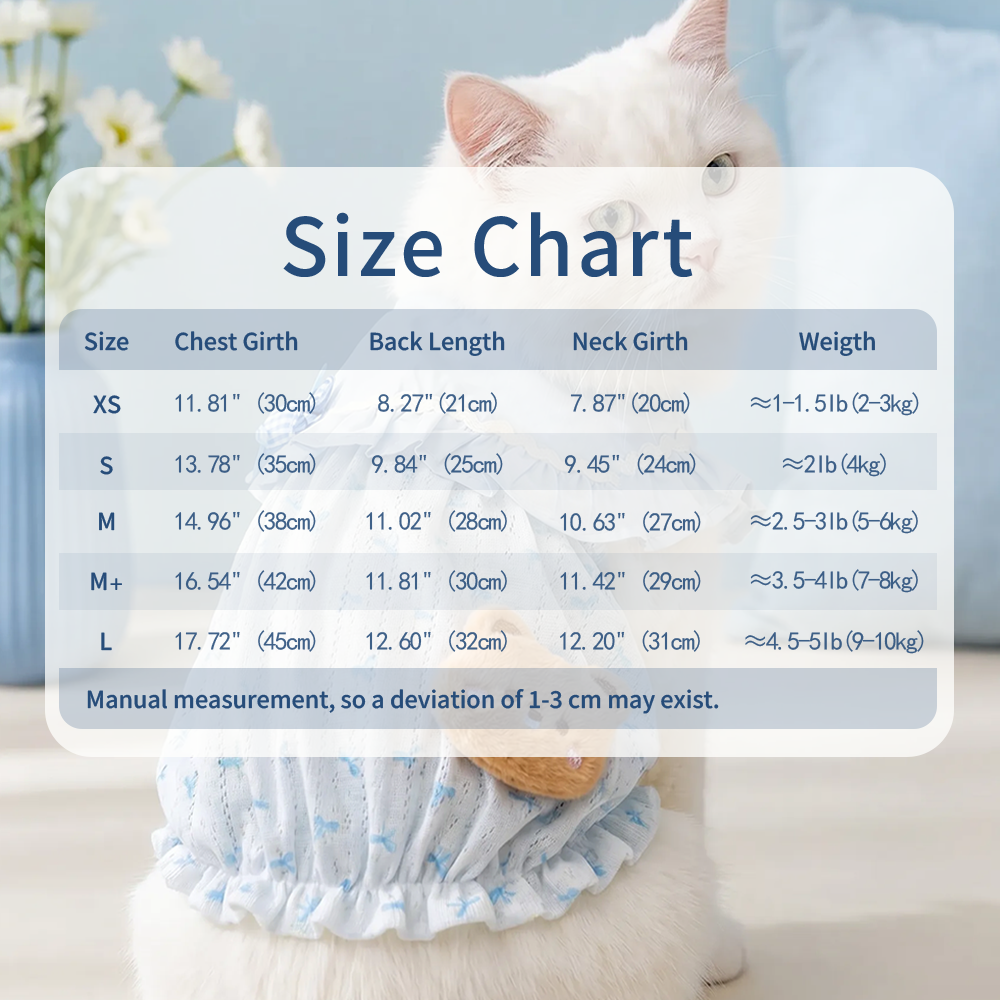[PangXigua]Light Blue Ruffle Collar Pet Bubble Dress, Blue Bow Print Breathable Mesh Fabric Plaid Bow Plush Bear  Puppy Summer Outfit