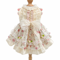 [Pangxigua]Cream Lace Frill Pet Sleeveless Outfit, Wavy Gold Chain Trim Floral Bubble Skirt Pet Wedding Party Dress