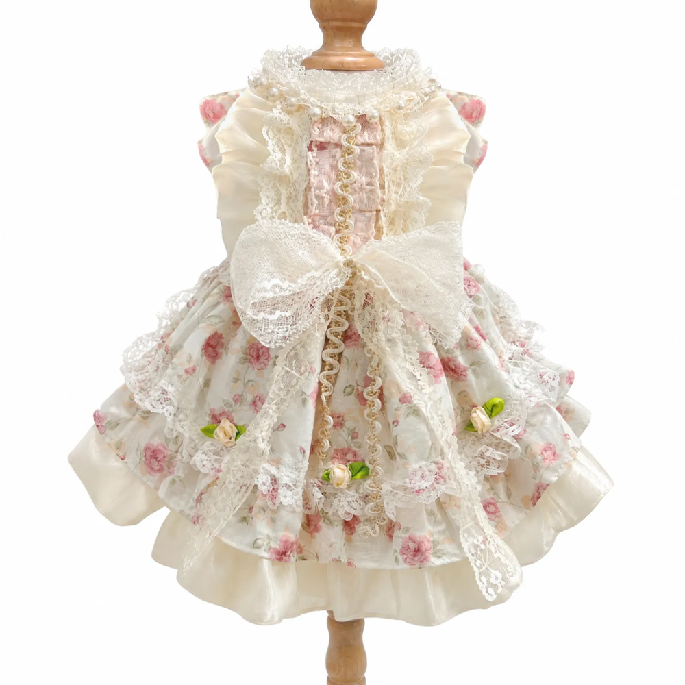 [Pangxigua]Cream Lace Frill Pet Sleeveless Outfit, Wavy Gold Chain Trim Floral Bubble Skirt Pet Wedding Party Dress