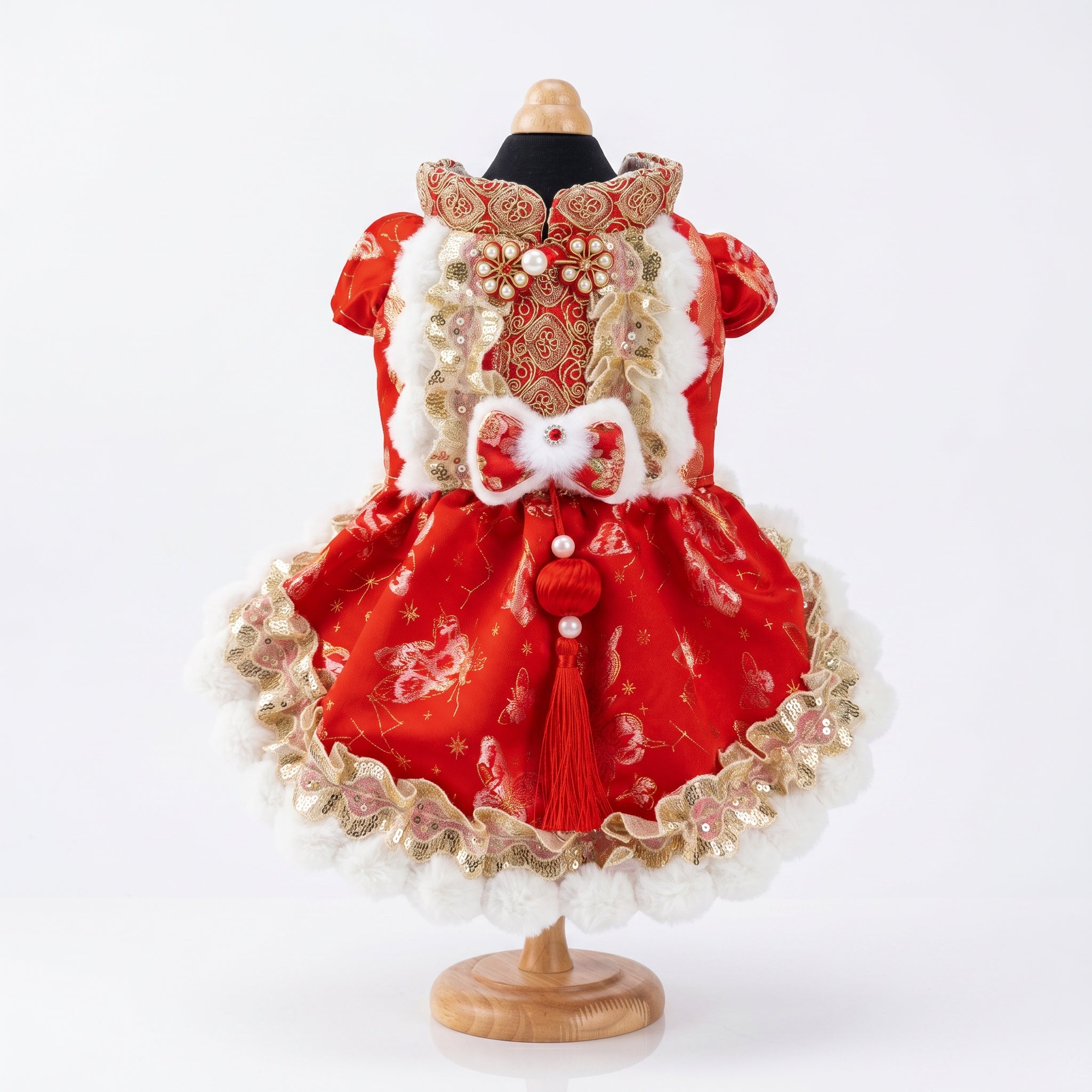 Red & Gold Butterfly Jacquard Pet New Year Qipao Dress, Warm Chinese Style Festive Skirt for Small & Medium Dogs & Cats
