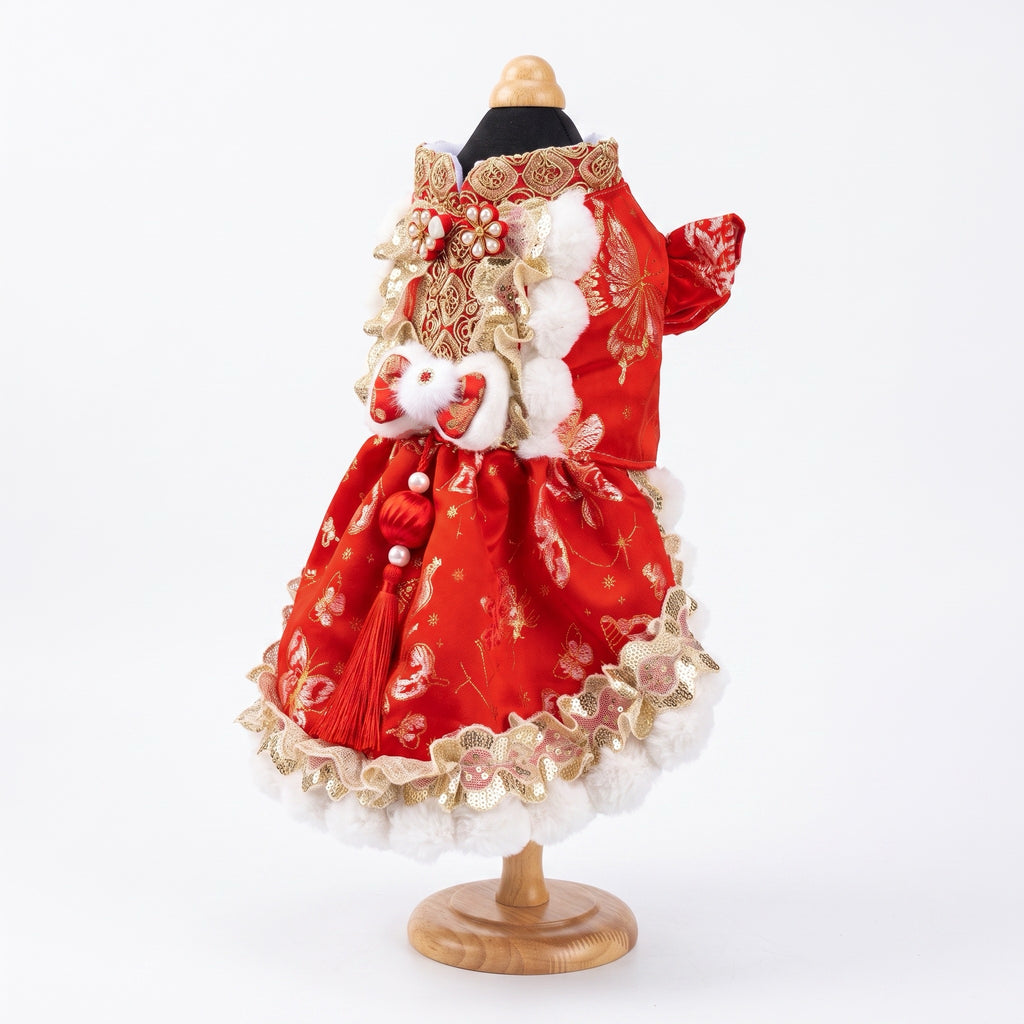 Red & Gold Butterfly Jacquard Pet New Year Qipao Dress, Warm Chinese Style Festive Skirt for Small & Medium Dogs & Cats