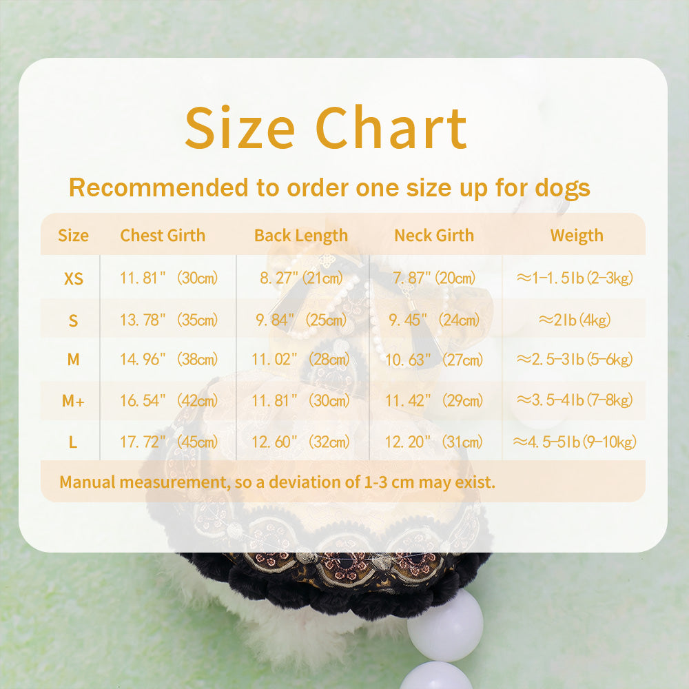 [chubby melon]Vintage Golden Jacquard Chinese Style Pet Lolita Dress, Frog Button Tassel Faux Fur Winter Costume for Small Dogs & Cats