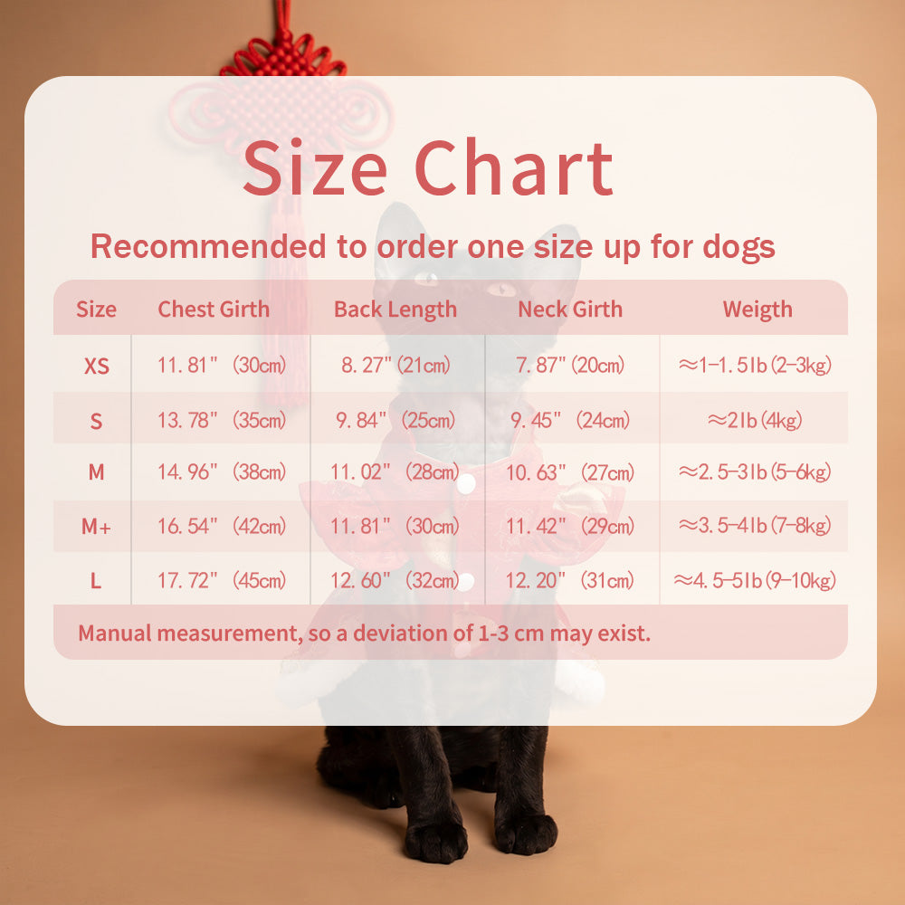 [Chubby Melon]Red Fortune Pattern Pet New Year Qipao Dress, Bunny Bow Tassel Padded Winter Festive Costume for Small Dogs & Cats